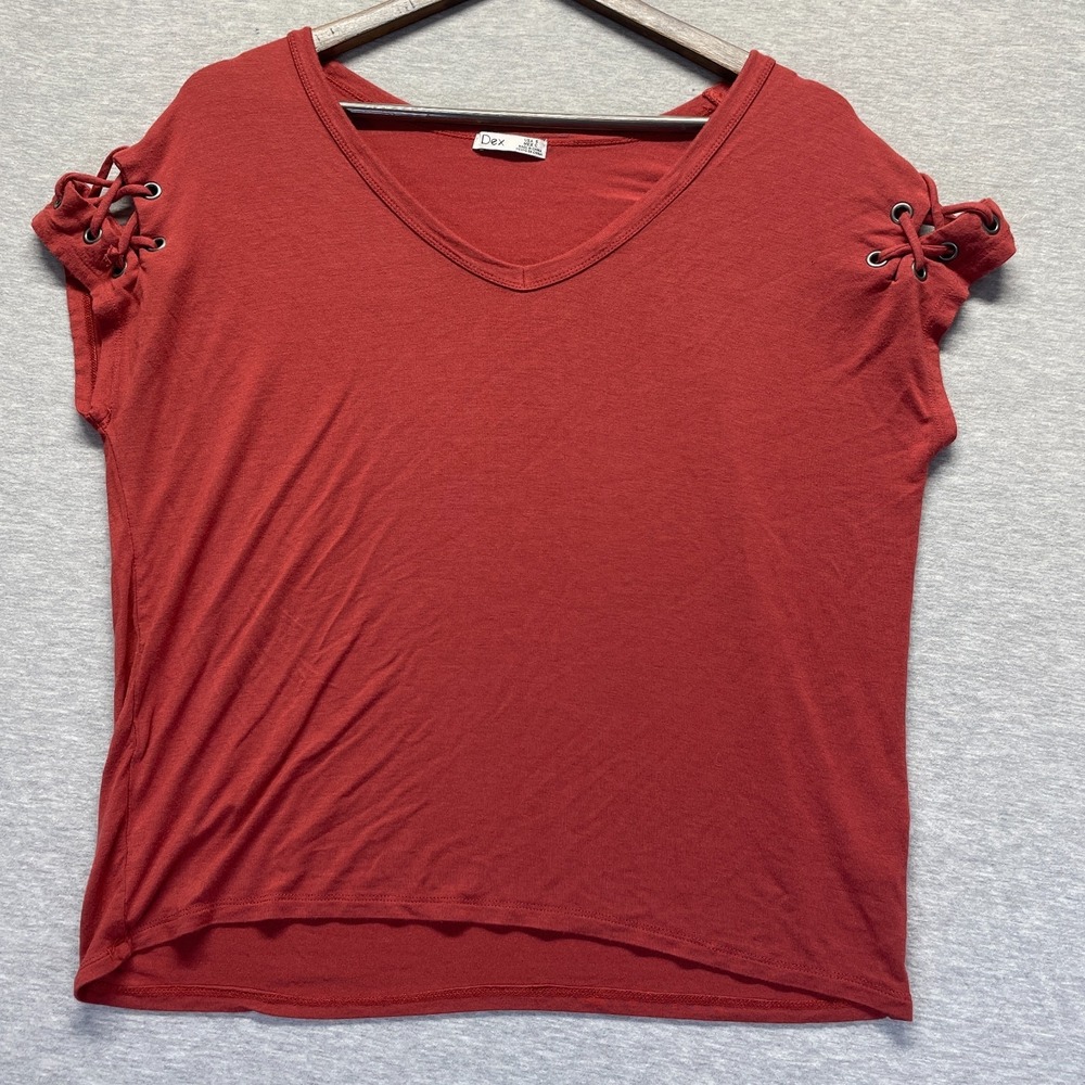 Dex T-Shirt Top Women's Small Red Viscose Lace Up Detail Short Sleeve V-Neck